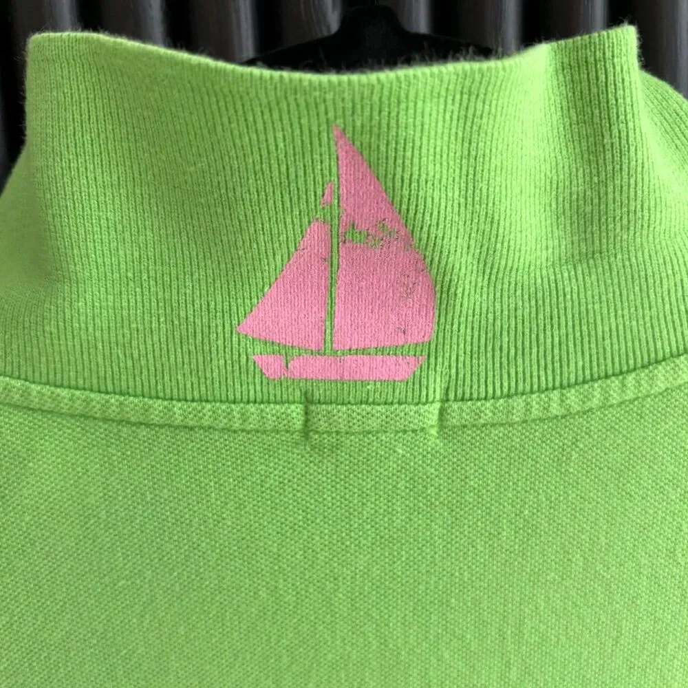 J.Crew Lime Green Short Sleeve Pique Polo Shirt with Pink Collar Sailboat M